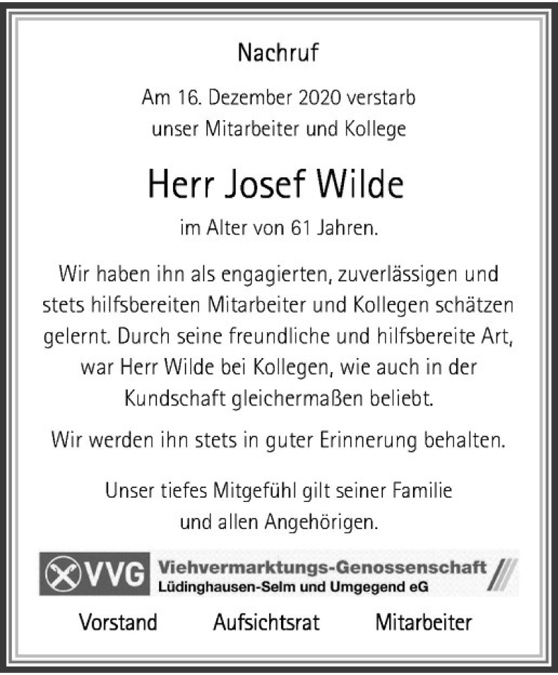  Traueranzeige für Josef Wilde vom 24.12.2020 aus Westfälische Nachrichten