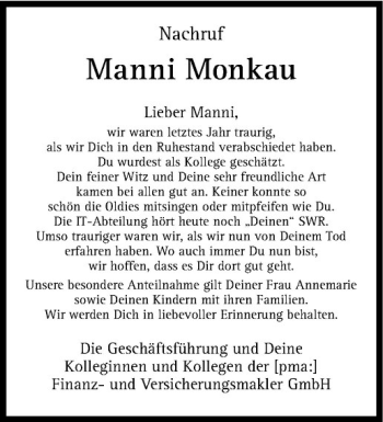 Anzeige von Manni Monkau von Westfälische Nachrichten
