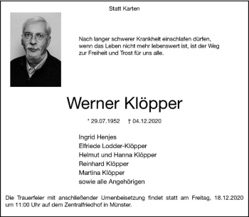 Anzeige von Werner Klöpper von Westfälische Nachrichten