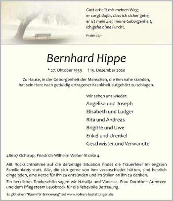 Anzeige von Bernhard Hippe von Westfälische Nachrichten