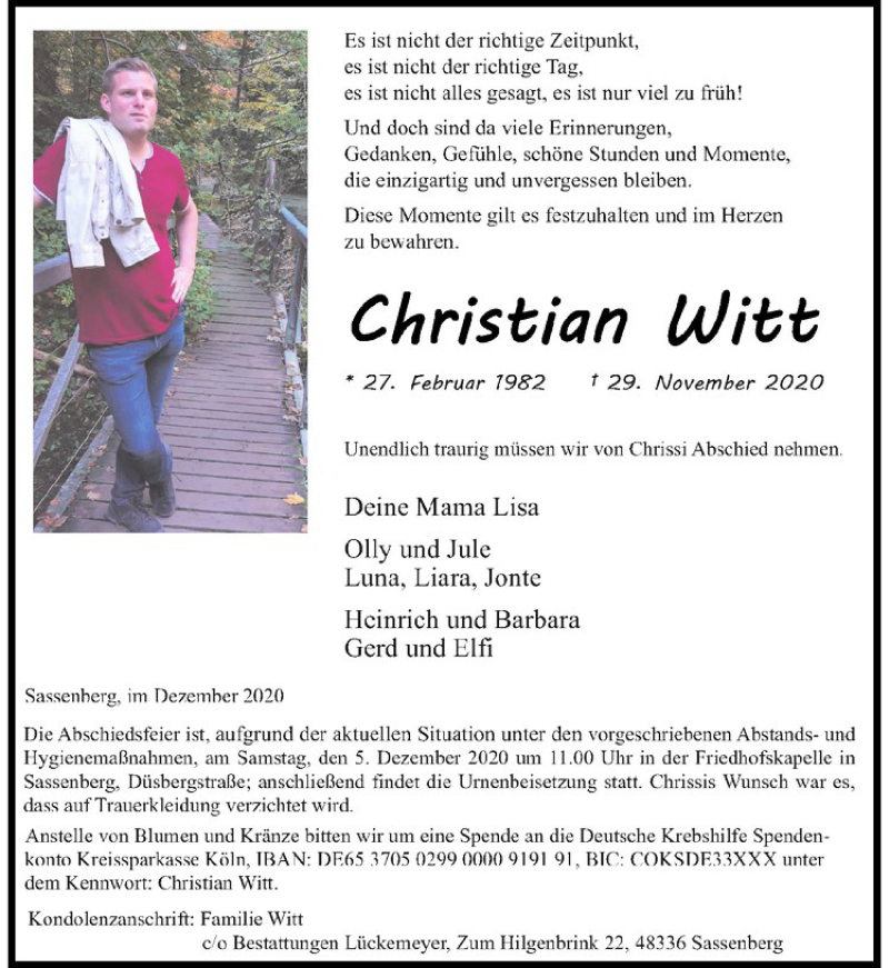  Traueranzeige für Christian Witt vom 02.12.2020 aus Westfälische Nachrichten