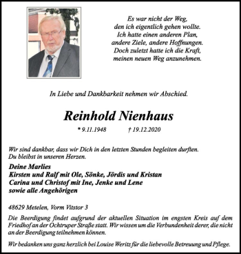 Anzeige von Reinhold Nienhaus von Westfälische Nachrichten