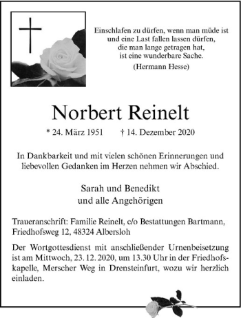Anzeige von Norbert Reinelt von Westfälische Nachrichten