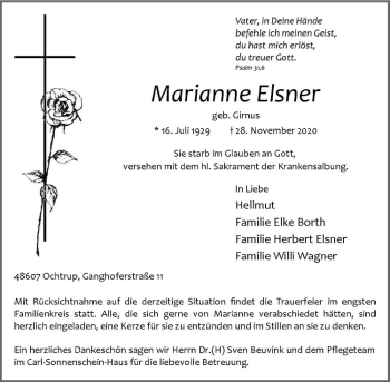 Anzeige von Marianne Elsner von Westfälische Nachrichten