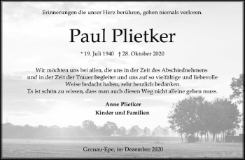 Anzeige von Paul Plietker von Westfälische Nachrichten