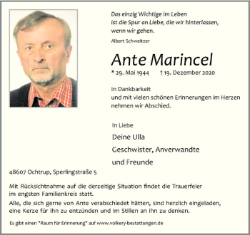 Anzeige von Ante Marincel von Westfälische Nachrichten