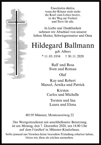 Anzeige von Hildegard Ballmann von Westfälische Nachrichten