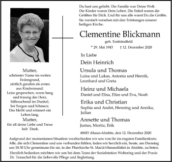 Anzeige von Clementine Blickmann von Westfälische Nachrichten