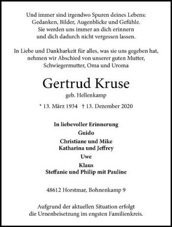Anzeige von Gertrud Kruse von Westfälische Nachrichten