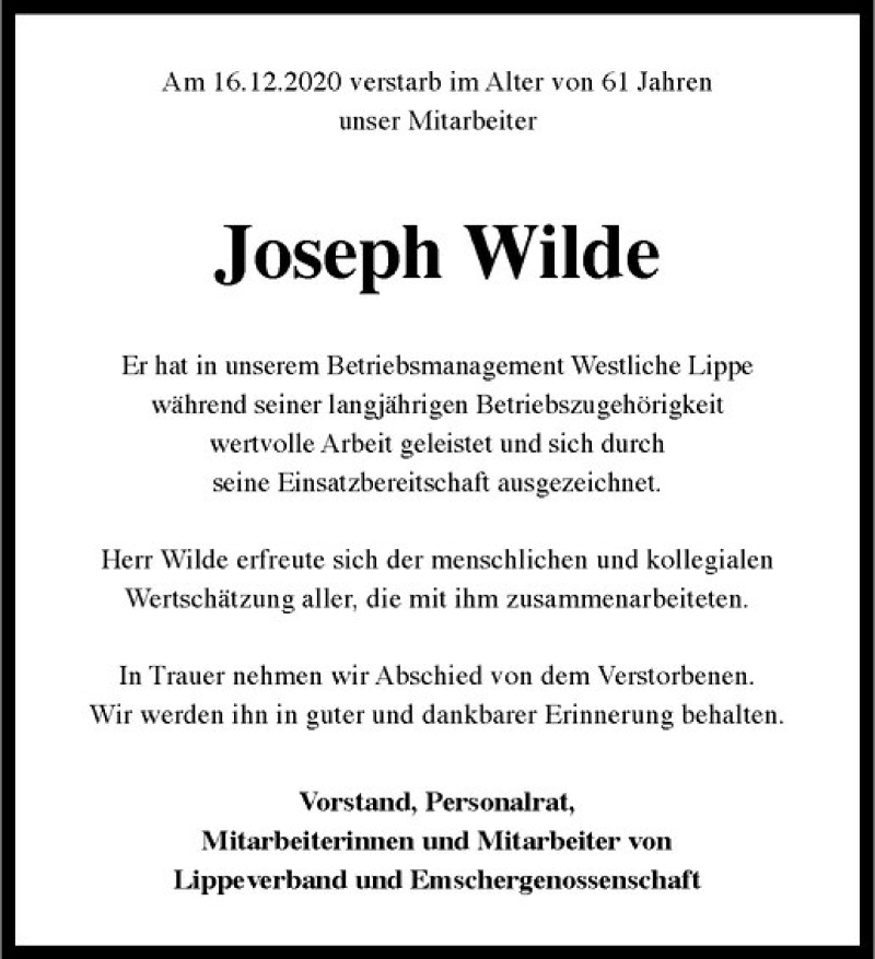  Traueranzeige für Josef Wilde vom 29.12.2020 aus Westfälische Nachrichten