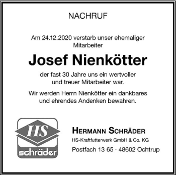 Anzeige von Josef Nienkötter von Westfälische Nachrichten