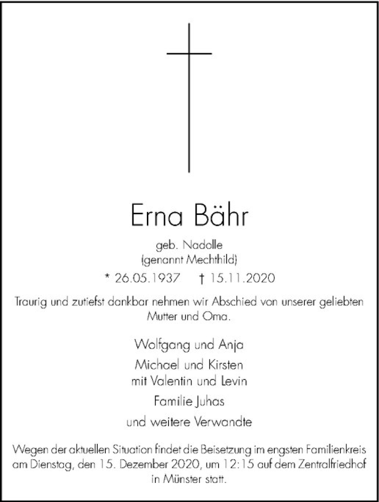  Traueranzeige für Erna (Mechthild) Bähr vom 05.12.2020 aus Westfälische Nachrichten