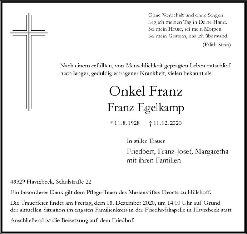  Traueranzeige für Franz Egelkamp vom 12.12.2020 aus Westfälische Nachrichten