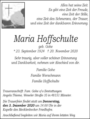 Anzeige von Maria Hoffschulte von Westfälische Nachrichten