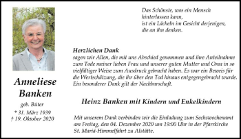 Anzeige von Anneliese Banken von Westfälische Nachrichten