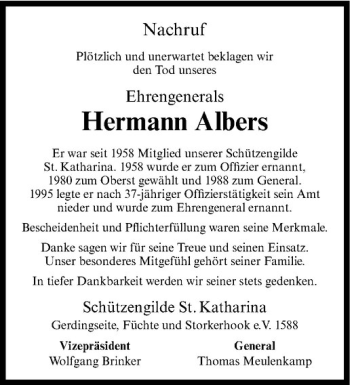 Anzeige von Hermann Albers von Westfälische Nachrichten