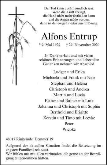 Anzeige von Alfons Entrup von Westfälische Nachrichten