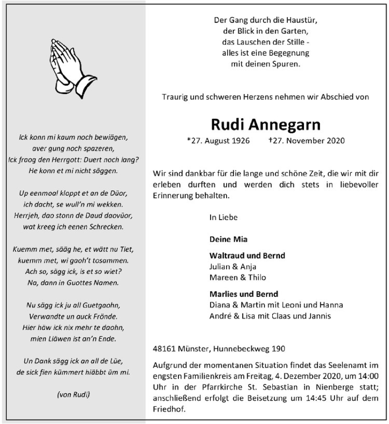  Traueranzeige für Rudi Annegarn vom 02.12.2020 aus Westfälische Nachrichten