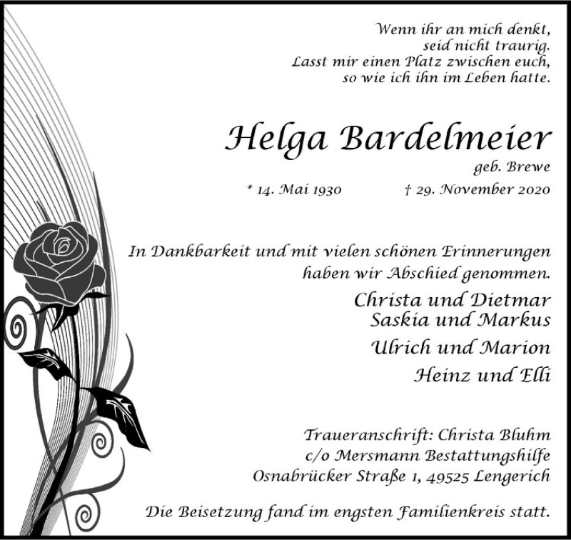  Traueranzeige für Helga Bardelmeier vom 05.12.2020 aus Westfälische Nachrichten