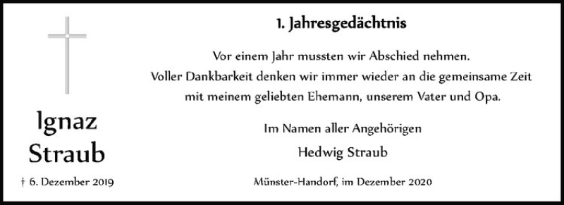  Traueranzeige für Ignaz Straub vom 05.12.2020 aus Westfälische Nachrichten
