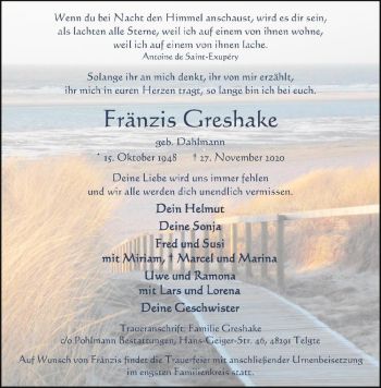 Anzeige von Fränzis Greshake von Westfälische Nachrichten