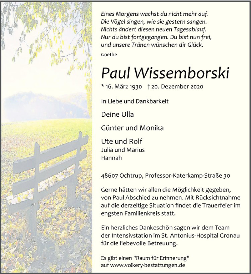  Traueranzeige für Paul Wissemborski vom 23.12.2020 aus Westfälische Nachrichten