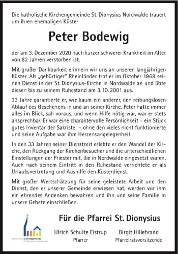 Anzeige von Peter Bodewig von Westfälische Nachrichten