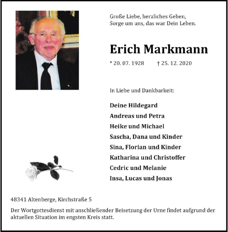  Traueranzeige für Erich Markmann vom 31.12.2020 aus Westfälische Nachrichten