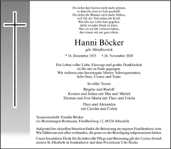 Anzeige von Hanni Böcker von Westfälische Nachrichten