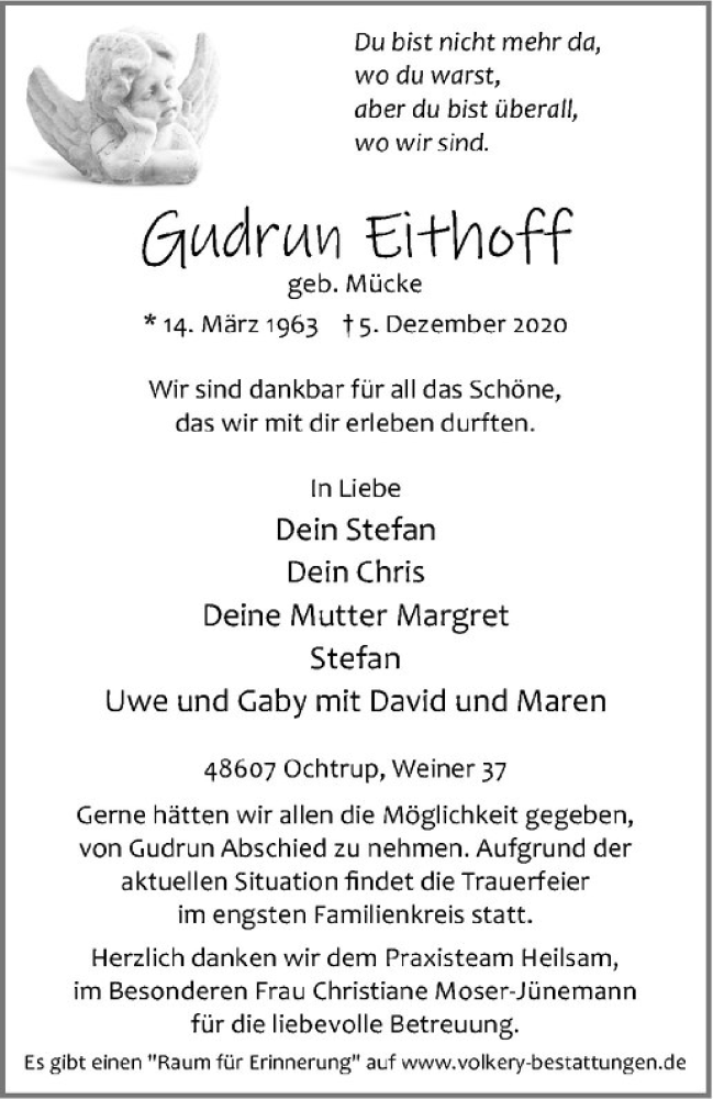  Traueranzeige für Gudrun Eithoff vom 08.12.2020 aus Westfälische Nachrichten