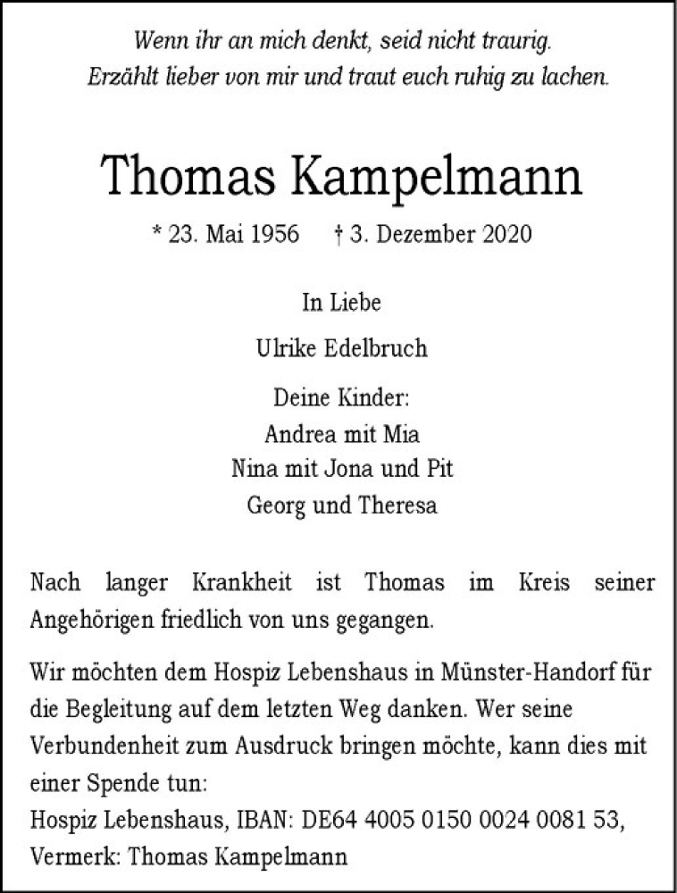  Traueranzeige für Thomas Kampelmann vom 12.12.2020 aus Westfälische Nachrichten