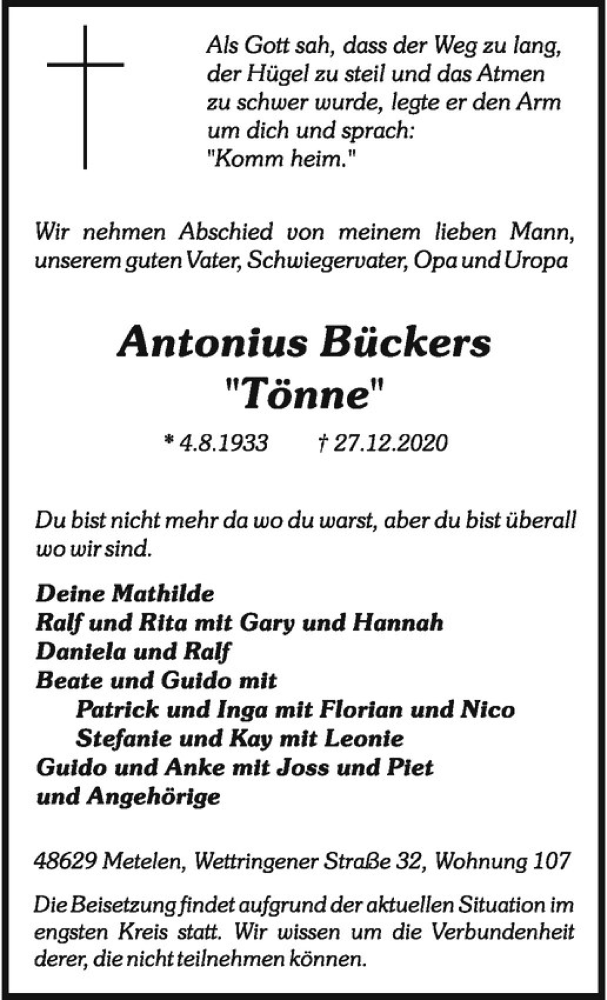  Traueranzeige für Antonius Bückers vom 30.12.2020 aus Westfälische Nachrichten