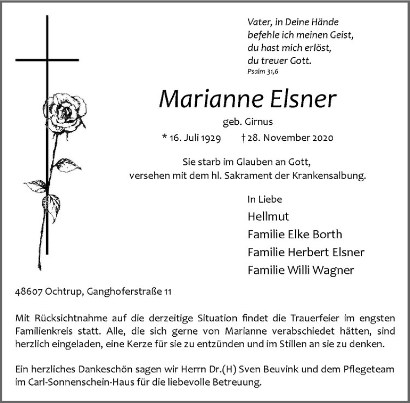  Traueranzeige für Marianne Elsner vom 02.12.2020 aus Westfälische Nachrichten