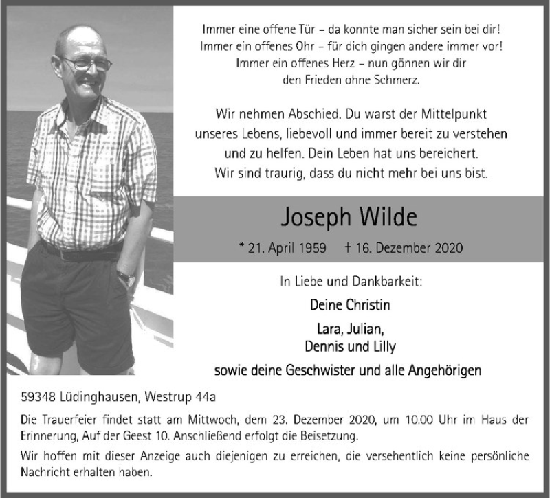  Traueranzeige für Joseph Wilde vom 19.12.2020 aus Westfälische Nachrichten