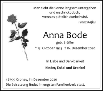 Anzeige von Anna Bode von Westfälische Nachrichten