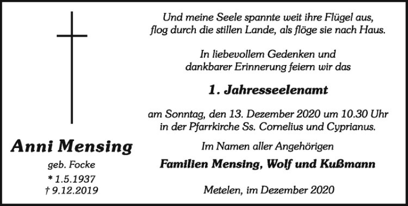  Traueranzeige für Anni Mensing vom 11.12.2020 aus Westfälische Nachrichten
