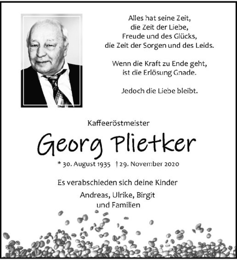  Traueranzeige für Georg Plietker vom 05.12.2020 aus Westfälische Nachrichten