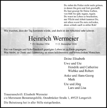 Anzeige von Heinrich Wermeier von Westfälische Nachrichten