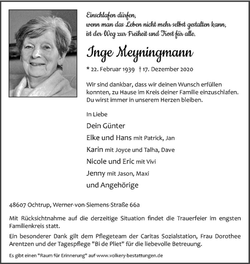  Traueranzeige für Inge Meyningmann vom 19.12.2020 aus Westfälische Nachrichten
