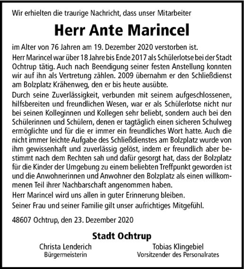  Traueranzeige für Ante Marincel vom 23.12.2020 aus Westfälische Nachrichten