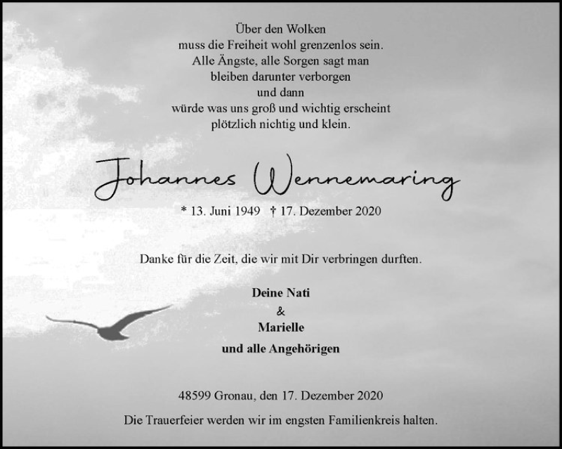  Traueranzeige für Johannes Wennemaring vom 22.12.2020 aus Westfälische Nachrichten