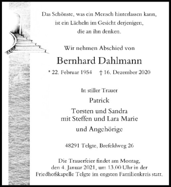 Anzeige von Bernhard Dahlmann von Westfälische Nachrichten