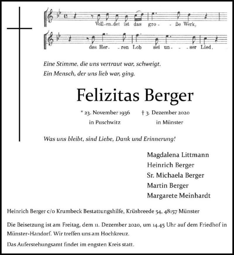  Traueranzeige für Felititas Berger vom 09.12.2020 aus Westfälische Nachrichten