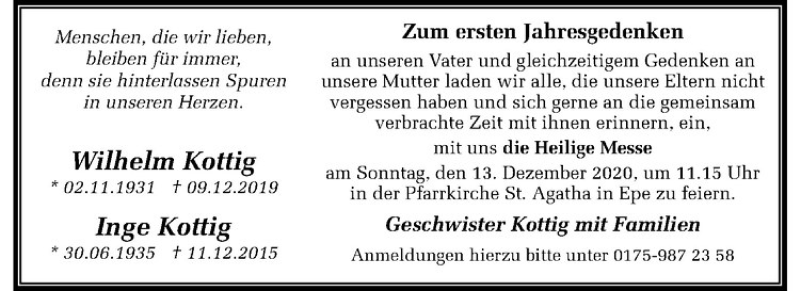  Traueranzeige für Inge Kottig vom 05.12.2020 aus Westfälische Nachrichten