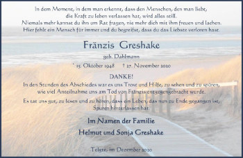 Anzeige von Fränzis Greshake von Westfälische Nachrichten