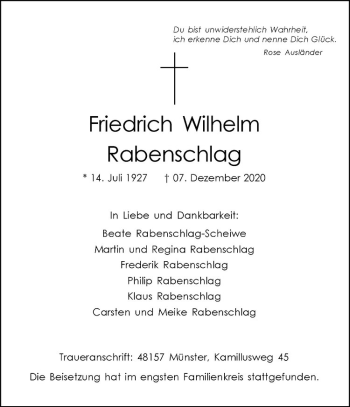 Anzeige von Friedrich Wilhelm Rabenschlag von Westfälische Nachrichten