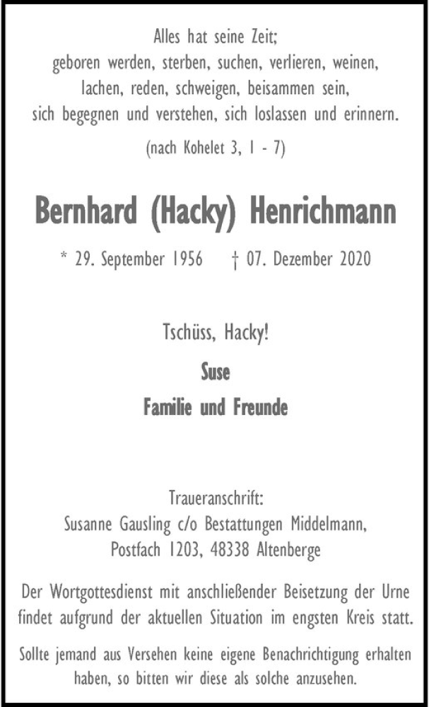  Traueranzeige für Bernhard (Hacky) Henrichmann vom 12.12.2020 aus Westfälische Nachrichten