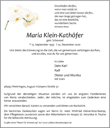 Anzeige von Maria Klein-Kathöfer von Westfälische Nachrichten