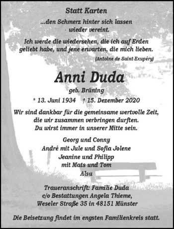 Anzeige von Anni Duda von Westfälische Nachrichten