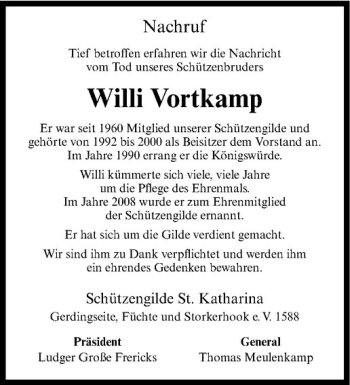 Anzeige von Willi Vortkamp von Westfälische Nachrichten
